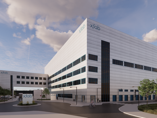 Rendering of a white, multi-storey factory with a small annexe and an access road