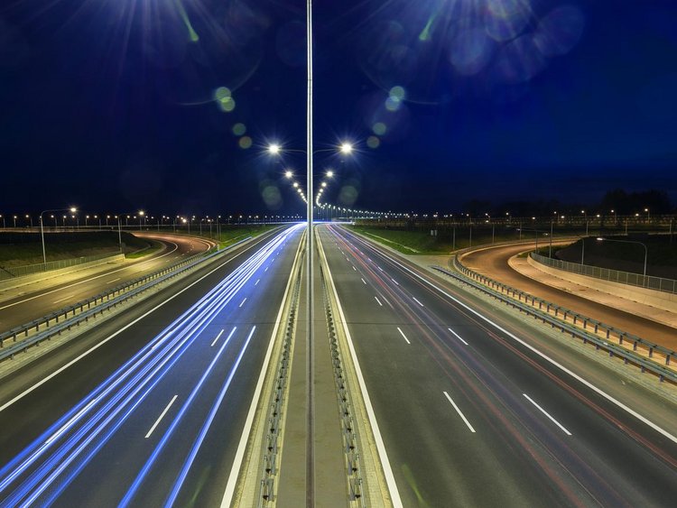 Photo: Expressway S2 - the brightly-lit road at night; slip roads in the background