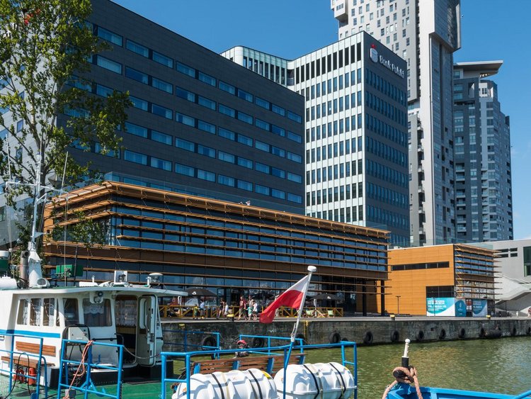 Photo: Waterfront Gdynia: The modern building complex at the Gdynia beach promenade visible in the forefront of the picture  